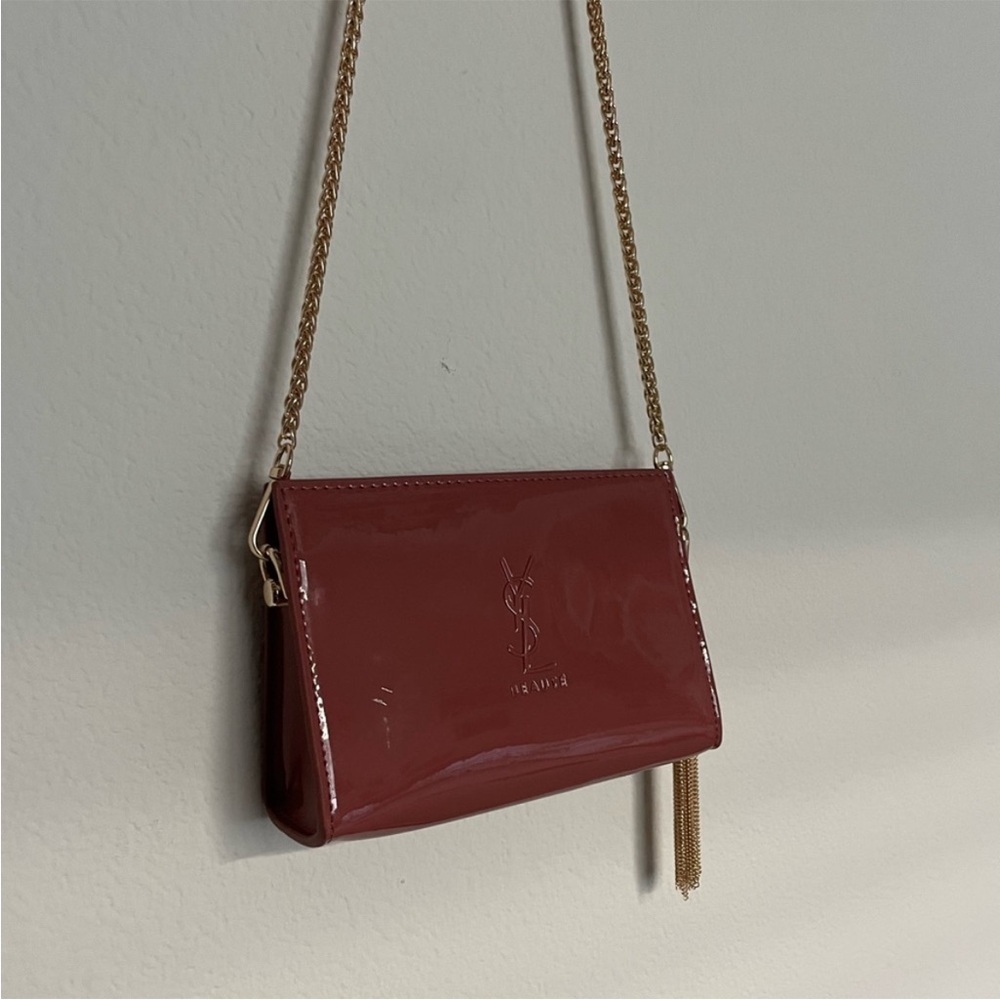 Yves Saint Laurent patent Glossy Red Brown Bag purse gold chain tassel rare logo - Picture 3 of 8